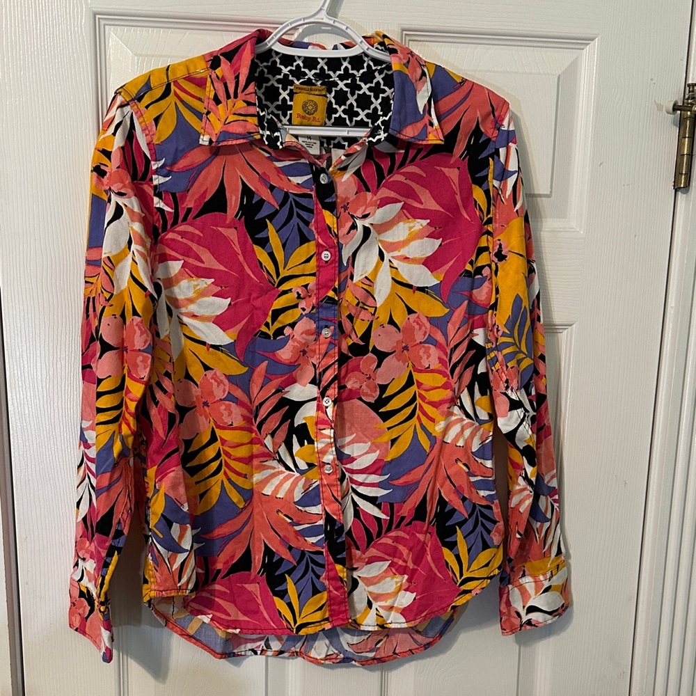 Ruby Rd Tropical Fern Print Wrinkle-Resistant Button-Front Top Size 14